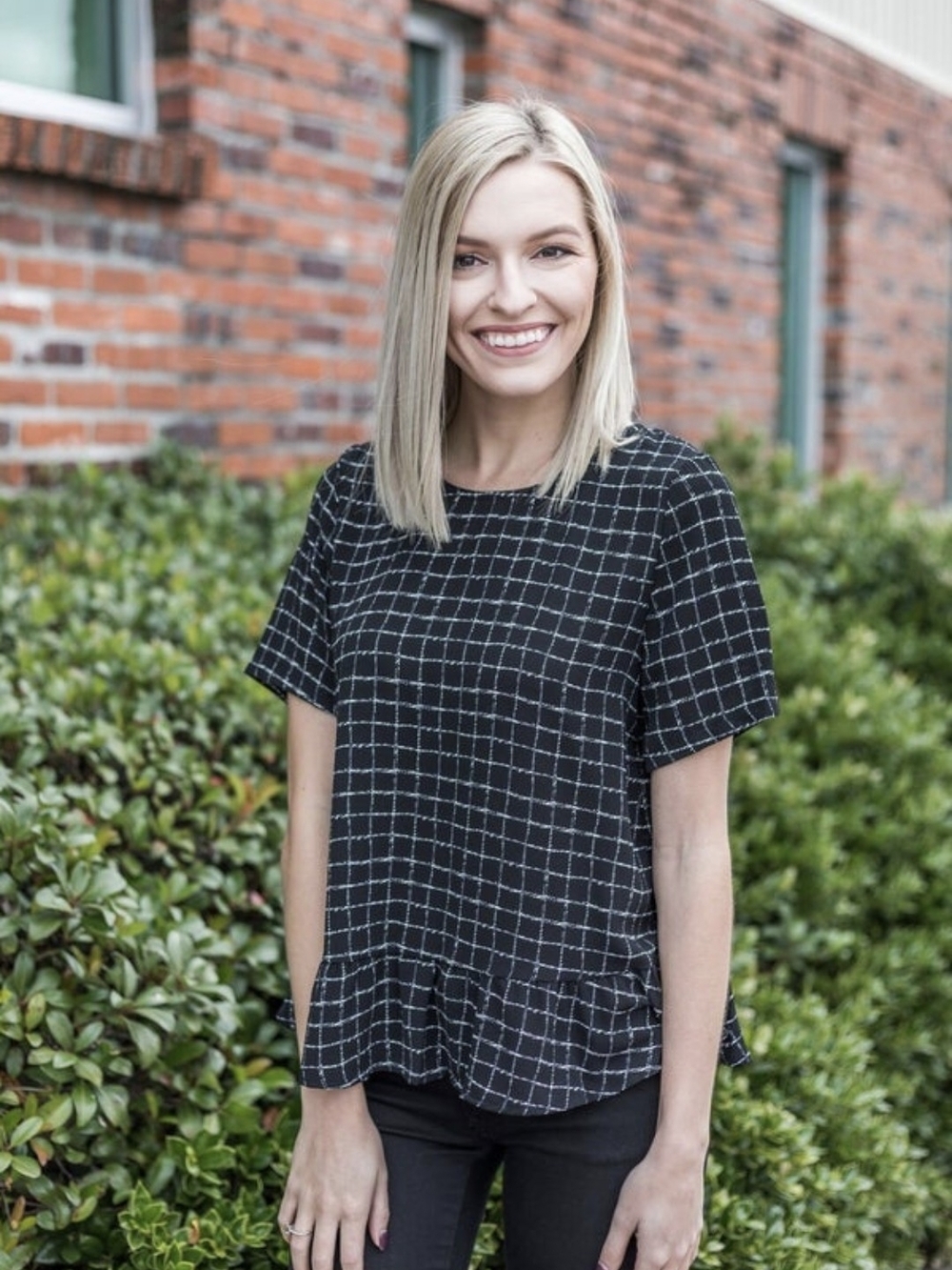 Black Windowpane Ruffle-Hem Women's Top